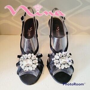 Nina New York Black Satin Rhinestone Jewel Strappy Open Toe Heels